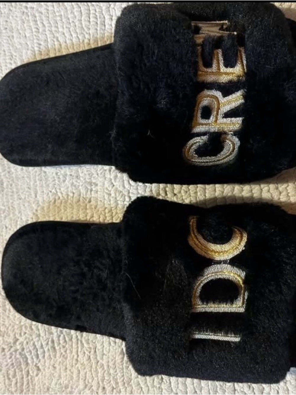 Black Fuzzy Slide Sandals with Embroidered Gold Lettering